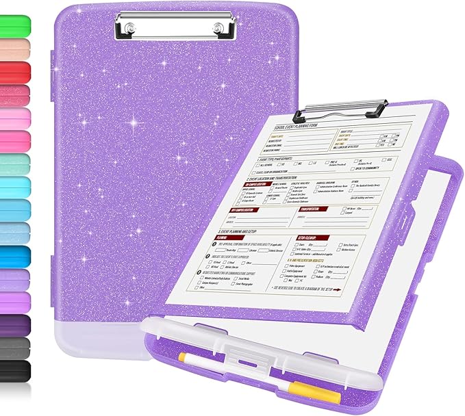 Sooez Glitter Clipboard with Storage, High Capacity Clip Boards 8.5x11 with Pen Holder, Cute Clipboards with Low Profile Clip, Sparkle Plastic Organizer Case Box for Women & Kids, Side Opening