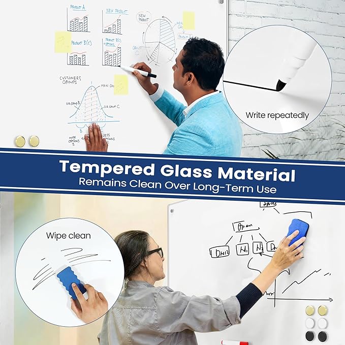 Large Glass Whiteboard, Enhanced Magnetism Glass Dry Erase Board for Wall, 48" x 36" Pure White Tempered Glass Board, 4' x 3' Big White Board for Home, Office, School