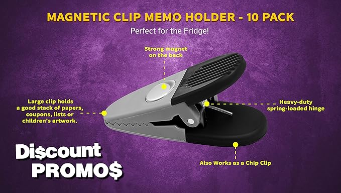 10 Magnetic Memo Holders Set - Customizable Text, Logo - Large Clip, Plastic - Silver Black