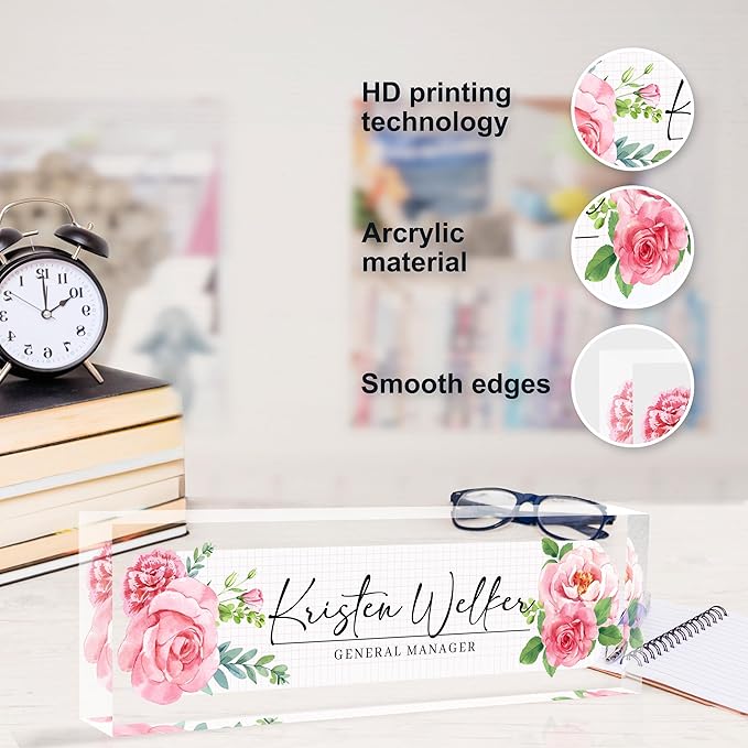 Personalized Office Name Plate, Custom Name Plate for Desks, Office Desk Decorations Gift for Women Men, Acrylic Desk Name Plate for Teacher Coworkers Staff Boss (Pink Flower)