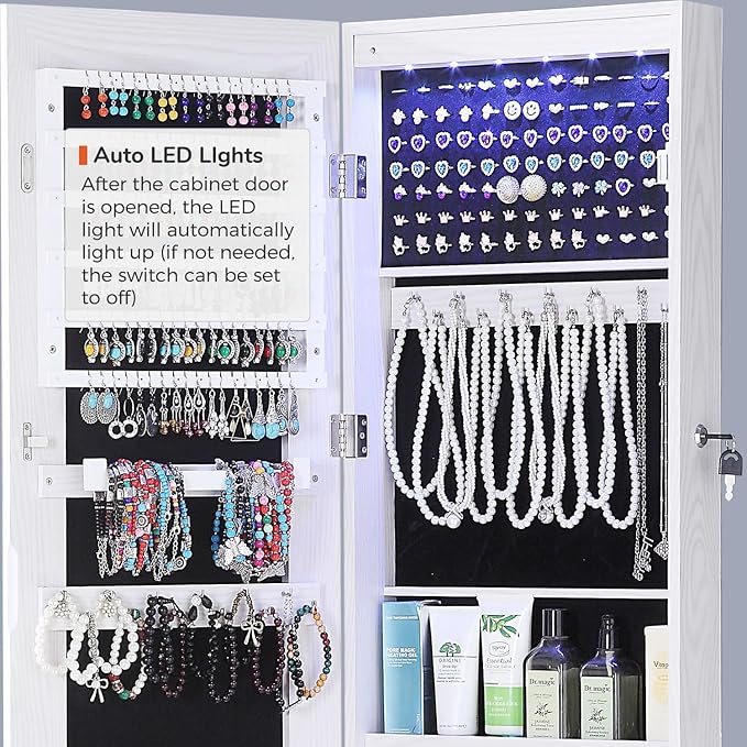 GISSAR Full Length Mirror Jewelry Cabinet, 6 LEDs Jewelry Armoire Wall Mounted Over The Door Hanging, Jewelry Organizer Storage with Lights Lockable White