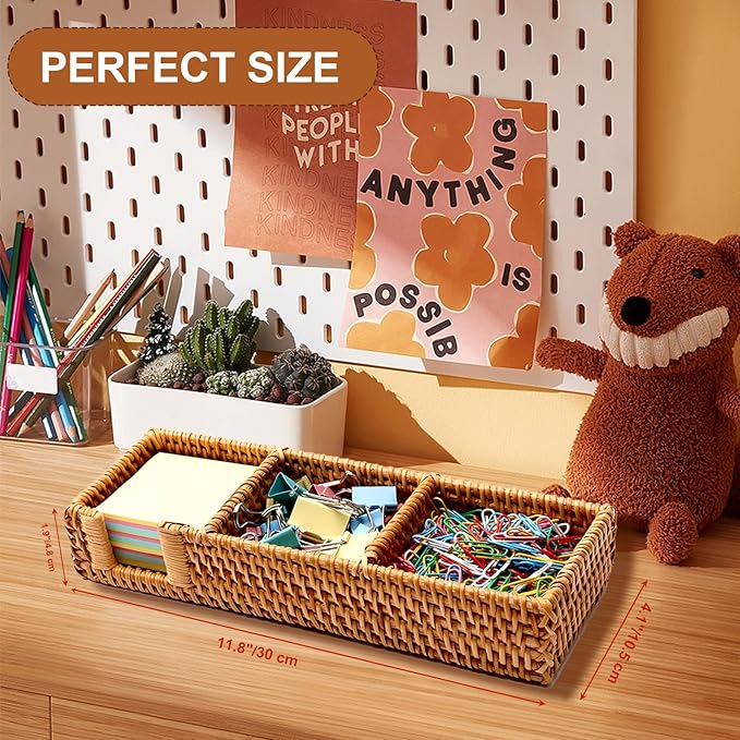 3 x 3 Inch Sticky Note Holder,Rattan Post It Note Dispenser,3 Slot Sticky Note Dispenser,Wicker Post It Holder for Home Office Desk Decor,Honey Brown