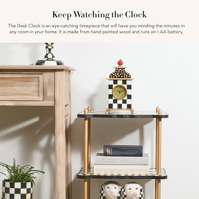 MACKENZIE-CHILDS Desk Clock, Decorative Wood Clock for Kitchen and Living Room, Black-and-White Courtly Check