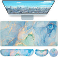 Desk Mat Blue, Large Gaming Mouse Pad with Wrist Rest, 4in1 XXL Mousepad+Keyboard Wrist Rest+Mouse Pad Wrist Support+Cup Coaster Set Ergonomic Computer Desk Arm Wrist for Decor Home Office Table Women