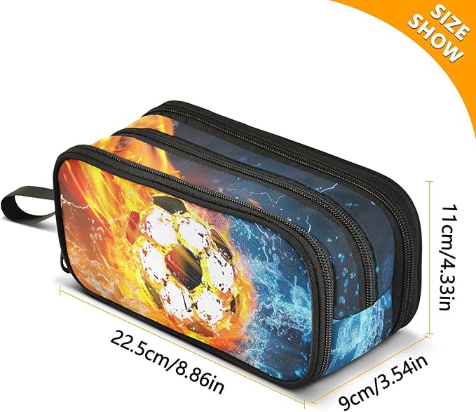 Soccer Fire Pencil Case Box for kids Teens Boys Girls Large Pencil Pouch with Zipper Compartments Big Capacity Stationery Pen Bag Organizer for Kids Teens Adults School Office