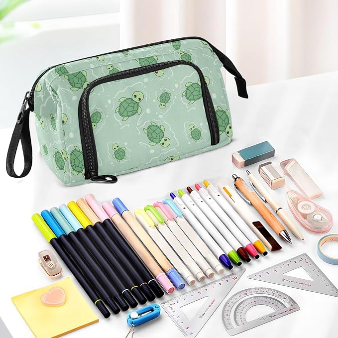 Cute Turtle Green Pencil Case Pouch Big Capacity Pencil Bag Box Organizer Pen Case with Handle Pencil Cases for Girls Boys Women School College Office