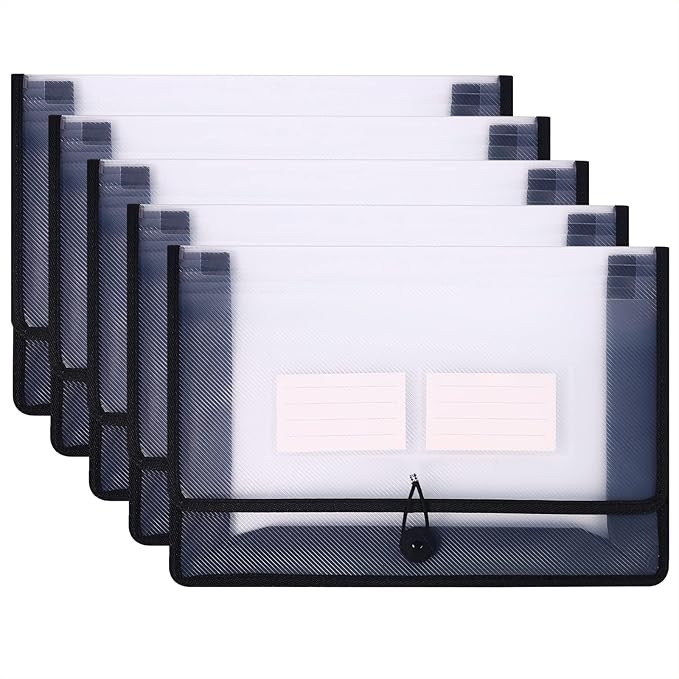 Eco-Friendly Plastic File Folders, Poly Expanding File Wallet, Expandable Envelope Organizer Document Folder with Elastic Band and Button Closure, with Small Two Pockets, 5 Pack- Black