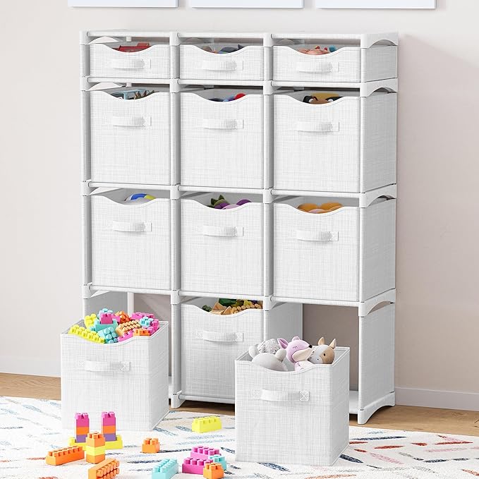 12 Cube Closet Organizers And Storage | Includes All Storage Cube Bins | Easy To Assemble Closet Storage Unit With Drawers | Room Organizer For Clothes, Baby Bedroom, Playroom, Dorm (White-Grey)