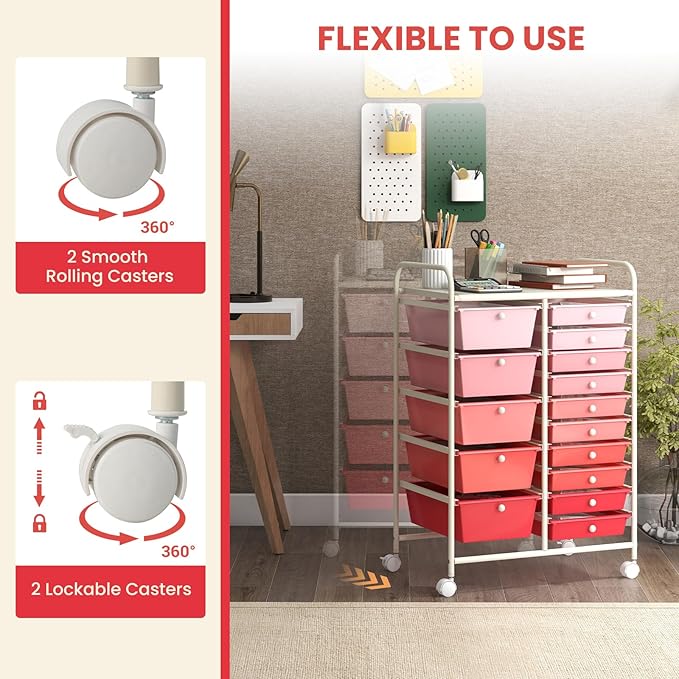 GOFLAME 15-Drawer Rolling Storage Cart, Craft Storage Cart with Removable Drawers & Lockable Wheels, Art Cart Supply Storage Organizer for Home Office Classroom, Pink Gradient