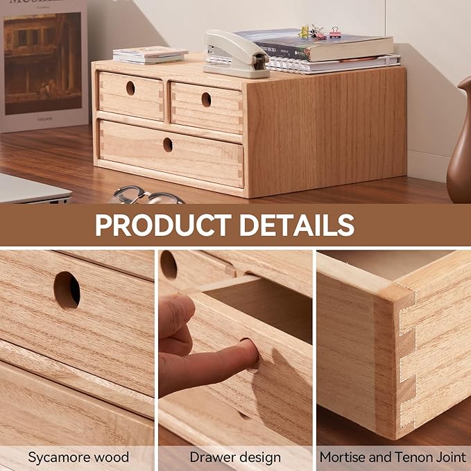 Kirigen Natural Wooden Desktop Organizer - Office Supplies Filing Tidy Storage Shelf - Storage Cabinet/Jewelry Organizer with 3 Drawers (NA, 2-Layer &3 Drawers)