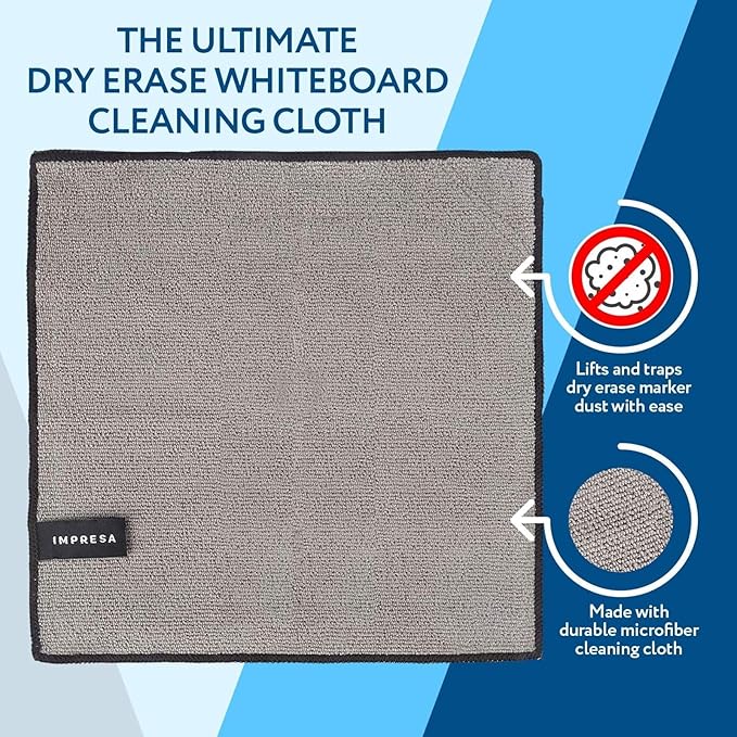 IMPRESA Magnetic Microfiber Dry Erase Cloth Erasers - 10 in x 10 in, Pack of 4, White - Streak-Free Whiteboard Eraser - Strong Magnetic Grip Dry Erase Board Cleaner - Machine-Stitched Microfiber Cloth