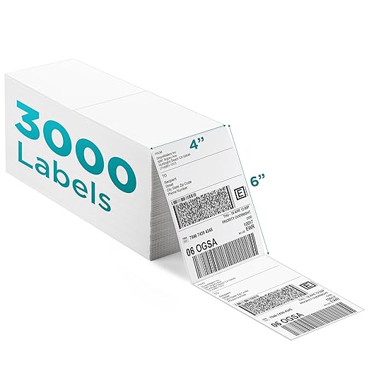 Shop4Mailers 4x6 Fanfold Direct Thermal White Adhesive Perforated Blank Address Shipping Labels for Packages, Compatible with Zebra & Rollo Printer (3000 Labels)