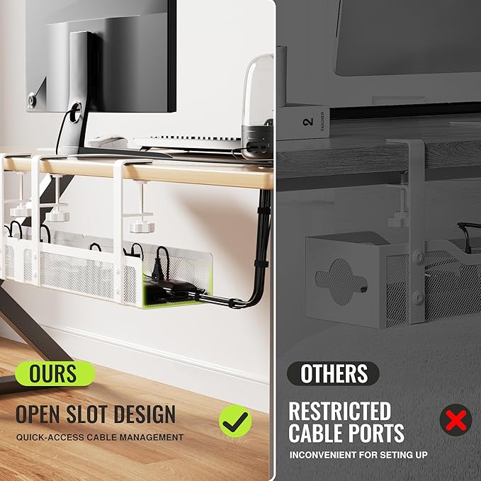 [Upgraded] 2 Pack Cable Management Under Desk Tray, Xpatee 27.6" No Drill Open Slots Cable Management Tray, Cord Wire Organizer Box with Clamp for Table Thickness up to 3" - No Desk Damage(White)