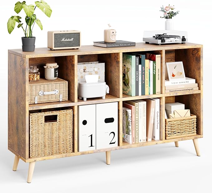 8-Cube Bookshelf 2 Tier Retro Bookcase with Legs, 11in Shelf Opening, 47" Wood Bookshelves Storage Organizer Shelf, Freestanding Open Book Shelves for Bedroom Living Room Office, Rustic Brown