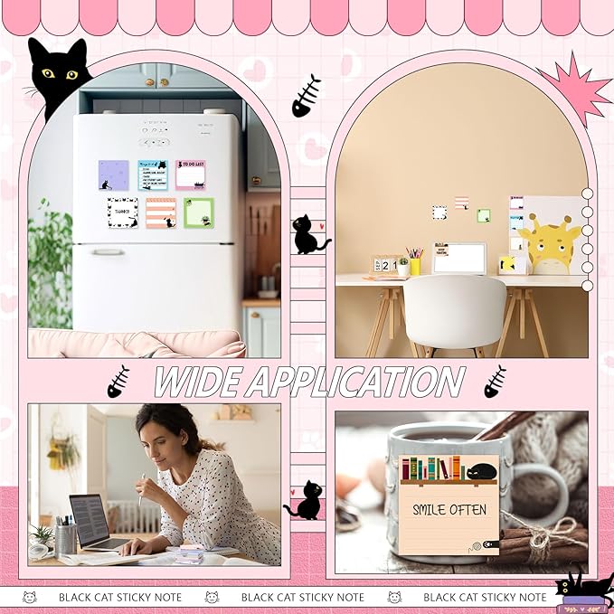 9 Pads Black Cat Sticky Notes 3x3 Inch Cute Self Stick Notepads Notes Adhesive Memo Pad Office Decor Gifts for Students School Teacher Meeting Office Supplies