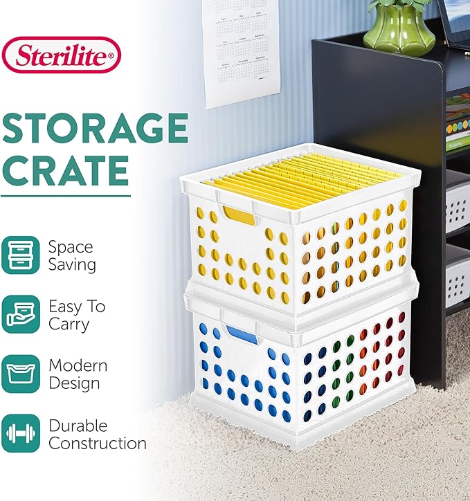 Sterilite Stackable Plastic Storage Crate Bin Organizer File Box with Handles for Home, Office, Dorm, Garage, or Utility Organization, White, 6-Pack