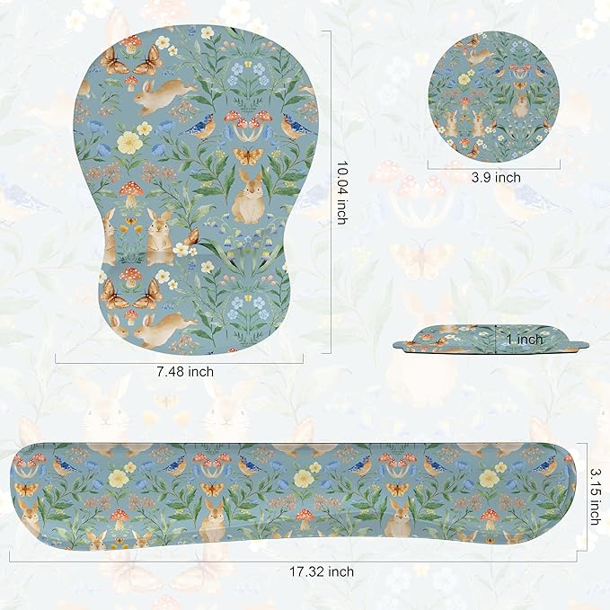 Mouse Pad Wrist Rest Support Keyboard Set Circle Coaster Gaming Mouse Pad Ergonomic Gel Memory Foam Set for Computer, Laptop, Office, Pain Relief, Comfortably Typing Rabbit KM-40