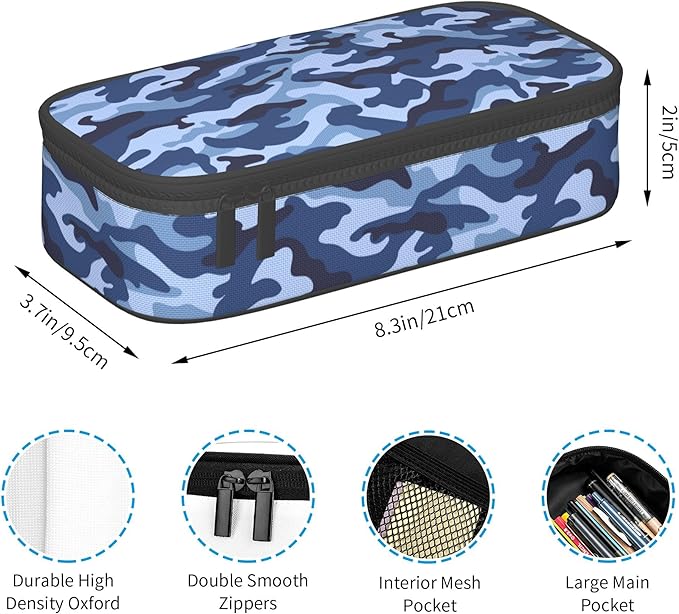 Kids Adults Camo Style Pencil Case Blue Pencil Box for Boys Men Girls Women, Portable Canvas Storage Pouch Marker Pen Organization Bag, Desk Office Organizer Travel Bag