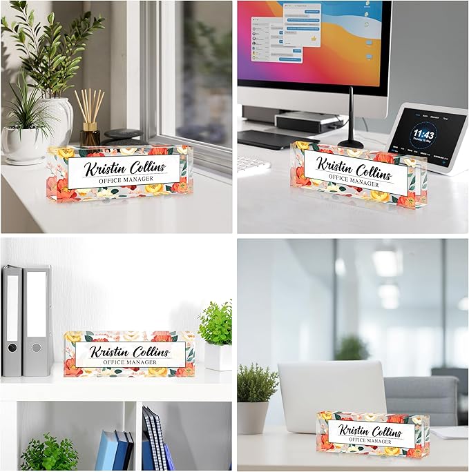 Custom Name Plate for Desk, Personalized Desk Name Plate on Clear Acrylic Glass, Appreciation Gifts for Teacher Employee Boss Coworkers Nurse, Office Desk Accessories for Women Men (Persimmon)