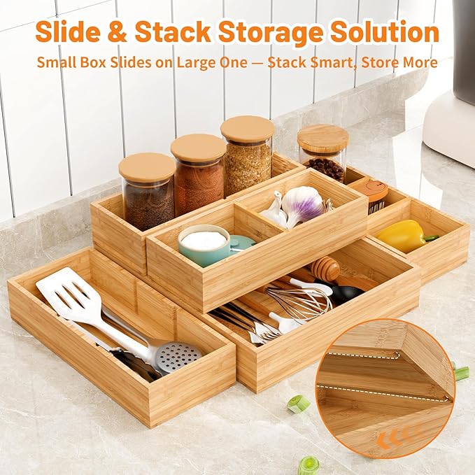 SpaceWhisper Bamboo Drawer Organizer, 5-Piece Drawer Divider with Removable Dividers for Organization and Storage, Multi-Use Stackable Storage Box & Utensil Holder for Kitchen, Office, Makeup & More