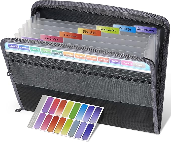 Sooez Accordion File Organizer with Safe Zipper, 8 Pocket Expanding File Folder with Front Pencil Pouch, Portable Monthly Paper Bill Tax Receipt Organizer, School Office Supplies, Letter Size, Grey