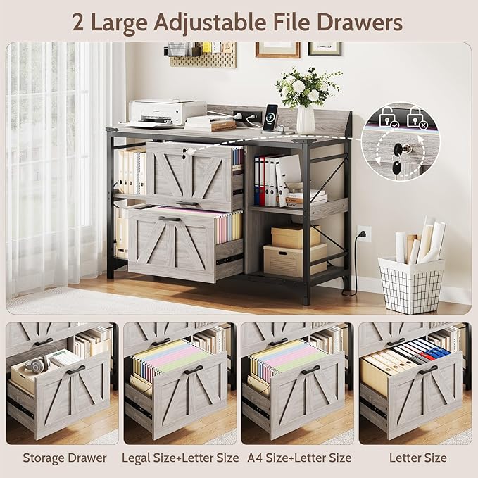 44" File Cabinet, Lateral Filing Cabinet for Home Office with 2 Drawers, Office Storage Cabinet with Lock and Key, Wooden Printer Stand with 4 Storage Shelves and Power Outlets