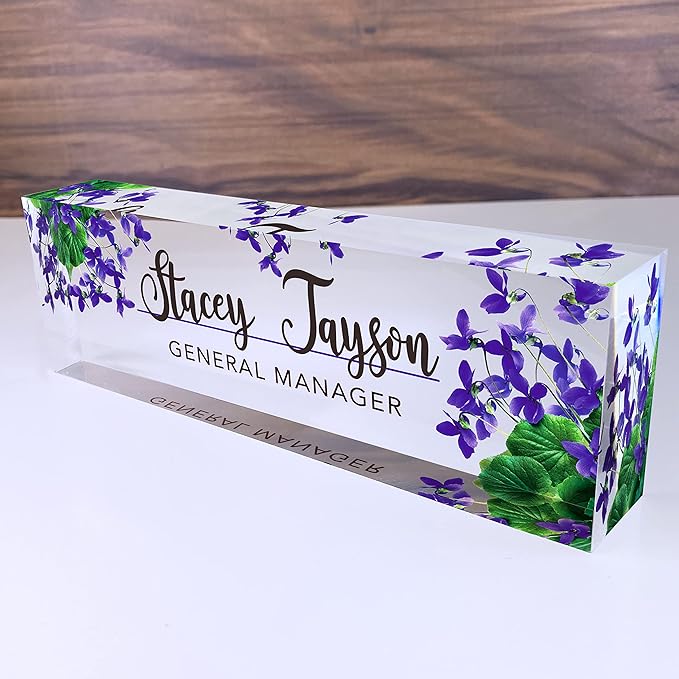 Artblox Personalized Name Plate For Desk | Violets Flowers Design On Clear Acrylic Glass | Custom Desk Name Plate Personalized With Your Name And Credentials For Teacher Phd Military Office Name Plate