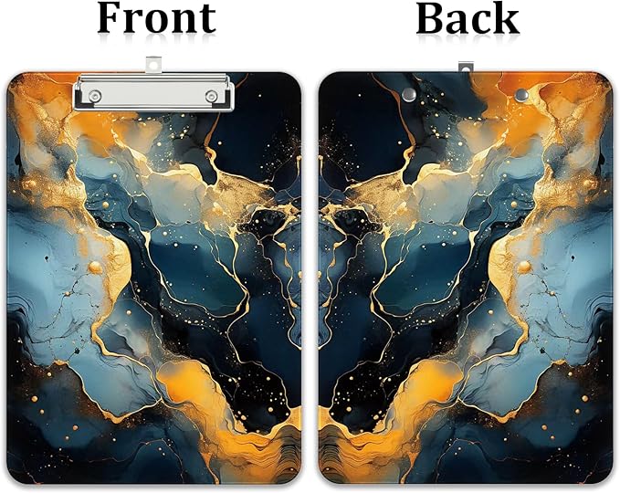 Rimilak Plastic Clipboards with Metal Clip, A4 Letter Size 9 x 12.5 in, Office Decorative for Students Women Men and Kids, Cute Custom Pattern, Black Gold Marble