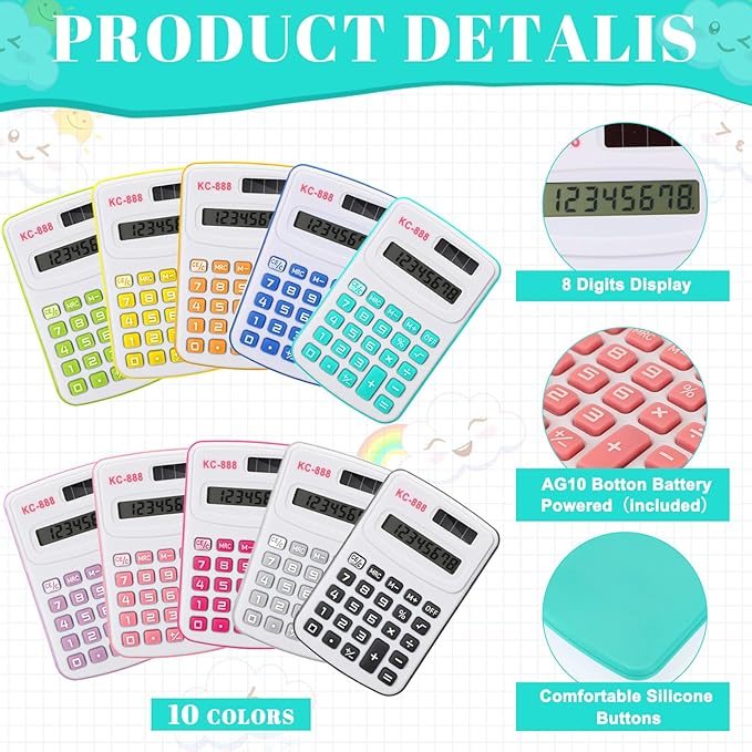 60 Pcs Pocket Size Mini Calculator Small Calculators Bulk Handheld Basic Calculator with Button Battery, 8 Digit Display Office Calculators for Home School Kids Teacher (Multicolor)