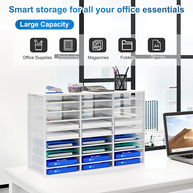 Mail Sorter Adjustable Countertop Mail Holder, Heavy Duty Literature Organizer, Student Mailbox for Classroom, Desktop Bill Paper Organizer for Office Home School, 27 Compartments, White