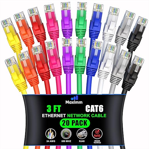 Maximm Cat 6 Ethernet Cable 3 ft (20-Pack) - High-Speed LAN Cable, Internet Cable, Patch Cable, and Network Cable - UTP, 10Gbps, 550MHz Ethernet Cord - Multicolor