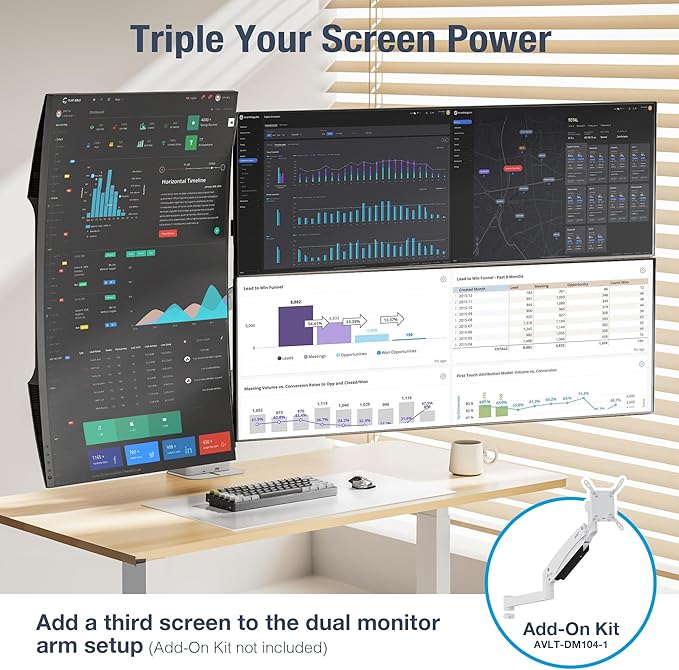 AVLT Dual 57 Inch Heavy Duty Stacking Monitor Arm Pole Top Mount With USB-C USB-A Ports-White, Height Adjustable, Easy Install Top C-Clamp/Grommet With Reinforcement Plates, VESA Compatible 200/100/75