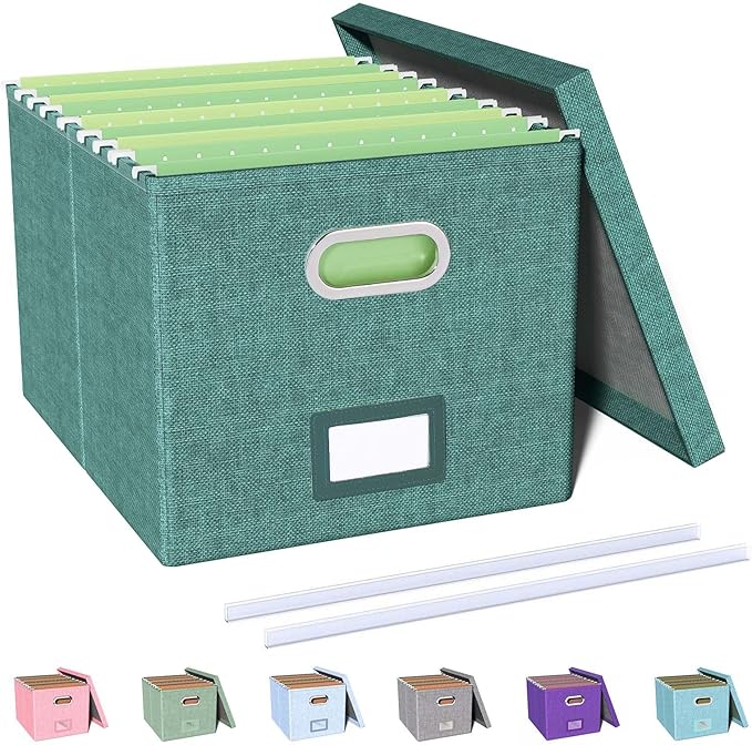 Oterri File Organizer with Lid, File Box, File Cabinet for Letter File Folder Storage, Hanging File Organizer for Office/Decor/Home,Document Organizer, 1 Pack,Forest-Green-Box Only