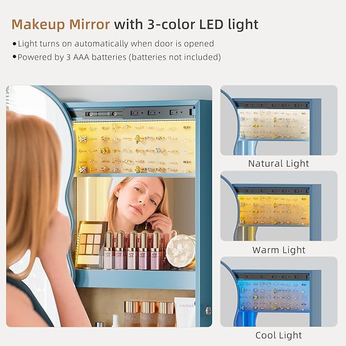 Lvifur Jewelry Armoires with LED Lights, Hanging Jewelry Storage Cabinet Lockable Wavy Mirror Jewelry Organizer, Lockable Frameless Mirror with Storage, LED Jewelry Cabinet Wall/Door Mounted(White)