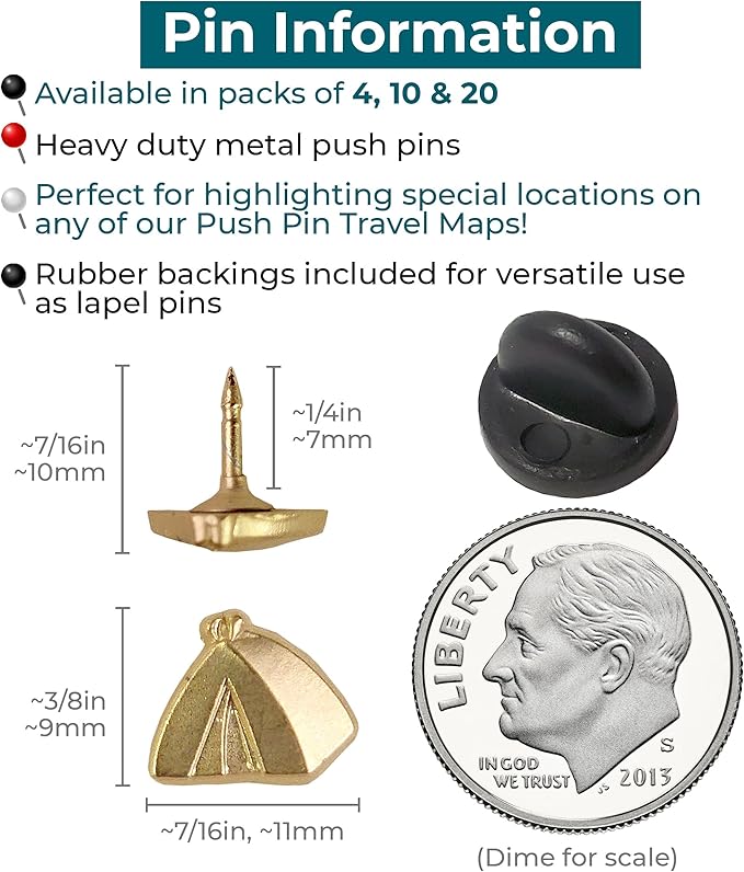 Tent Push Pins - Gold Camping Tent Pin - for Cork Board, Maps, or Lapel Pin Use - Designed in USA - Set of 10