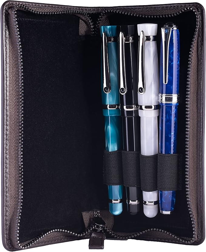 DiLoro Leather Zippered Triple or Quad Pen Case Pencil Pouch Holder for Three or Four Fountain Ballpoint Rollerball Pens or Glasses (Nappa Brown)