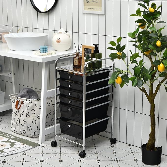 Happygrill 6-Drawer Organizer Cart Tools, Mobile Utility Storage Cart with Removable Drawers & Lockable Wheels, Rolling Storage Cart with Wheels for Home Office,Black