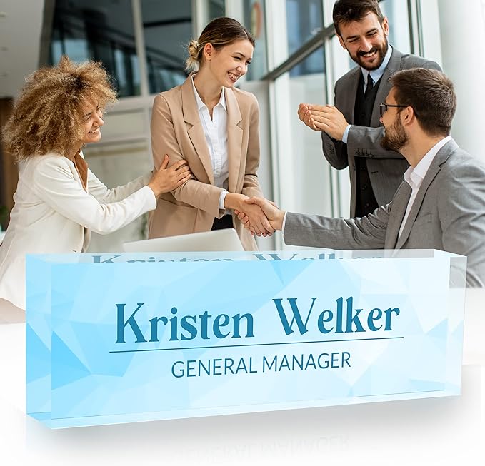 Personalized Desk Name Plate, Custom Acrylic Glass Name Plates for Desks, Office Desk Decor Nameplate, Desk Accessories, Teacher Boss Coworkers Employee Appreciation Gift (Modern Blue)