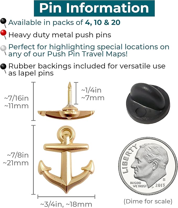 Anchor Push Pins - Gold Metal Anchor Pins - for Cork Board, Maps, or Lapel Pin Use - Designed in USA - Set of 4