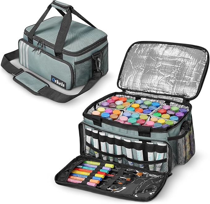 ORKELS Craft Paint and Marker Organizer, Acrylic Paint Storage Bag with Brush and Bottle Holders, Large Marker Carrying Case for Artists (Gray)