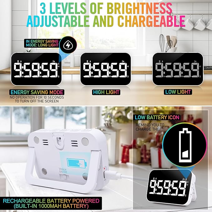 TXL Kitchen Timer for Cooking, Rechargeable Digital Magnetic Timer with Large LED Display, Loud Alarm, Sound Countdown, 4 Volume Levels and 3 Brightness for Classroom, Study (White)