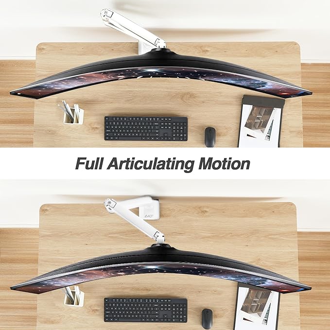 AVLT Single 17"-49" Super Ultrawide Monitor Arm for Screens Up to 50 lbs, Premium Aluminum Desk Stand, Adjustable Pneumatic Height, Full Motion Swivel Tilt Rotation, USB 3.0 & AUX Ports, White