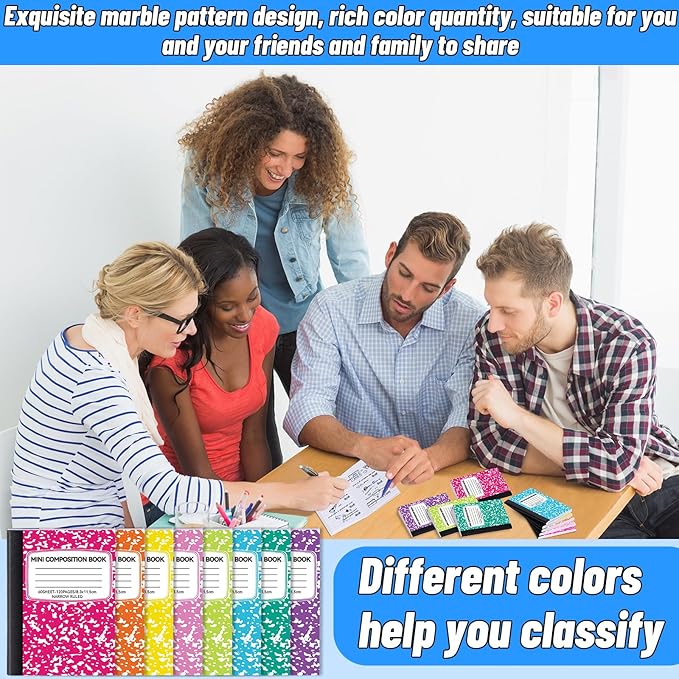 UZLU 48 Pack Mini Composition Notebooks Bulk, Cute Composition Books, Narrow Ruled Small Pocket Notebook for Students College Office, Pocket Sized Marble Journal, 8 Colors 4.5" x 3.25", 60 Sheets