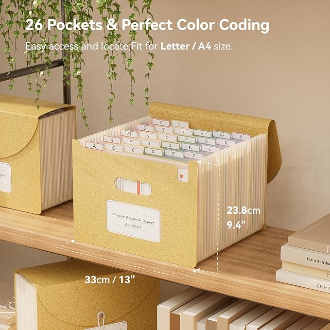 Accordion File Organizer, 26 Pockets Wheat Straw Expanding File Folder, Monthly Bill Receipt Organizer, A-Z Tabs, 100% BPA Free, Return to Nature, Healthy Living, Letter/A4 Size-Wheat Yellow