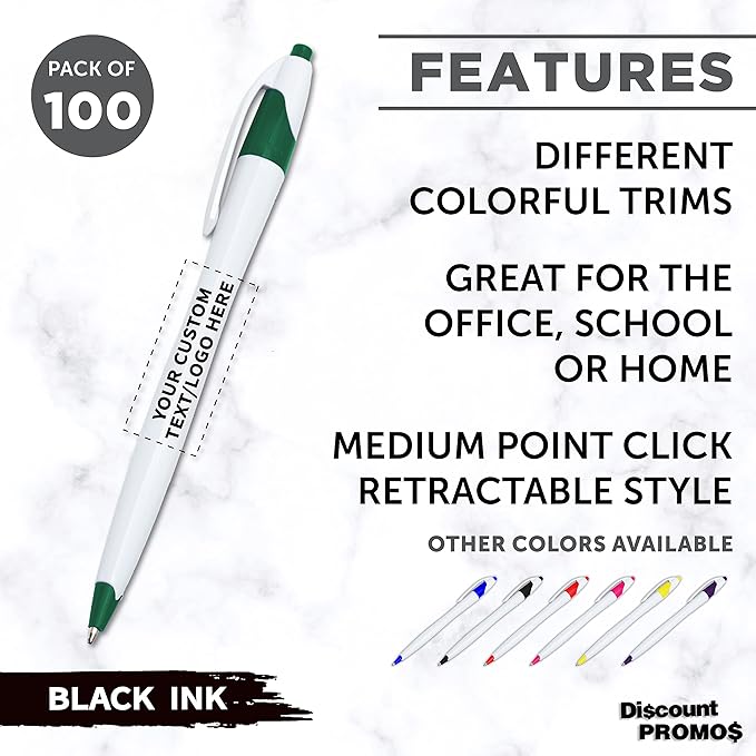 DISCOUNT PROMOS Custom Slim Curvy Ballpoint Pens Set of 100, Personalized Bulk Pack - Black Ink, Retractable, Great for Office, School, Tradeshows - Green