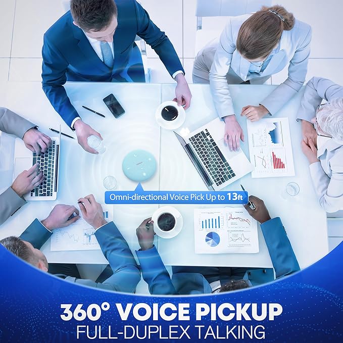AISPEECH Bluetooth Conference Speakerphone M4 with AI Noise Reduction, AI Summaries, AI Transcription with 60-Language Support, 13FT 360° Voice Pickup,10-Hour Battery Life for Zoom and Teams, Blue
