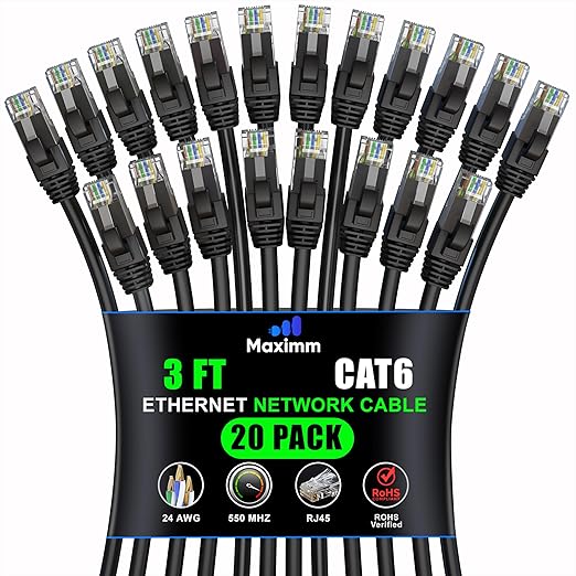 Maximm Cat 6 Ethernet Cable 3 ft (20-Pack) - High-Speed LAN Cable, Internet Cable, Patch Cable, and Network Cable - UTP, 10Gbps, 550MHz Ethernet Cord - Black