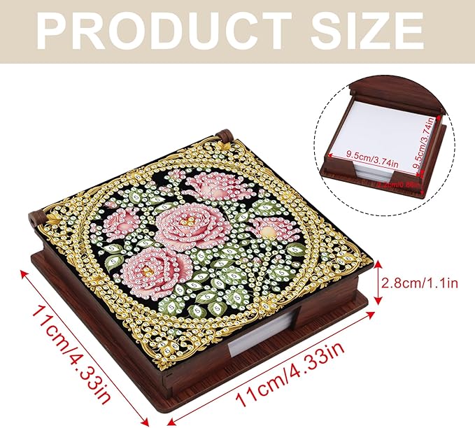 Wooden DIY Rose Diamond Art Notecard Box – DIY Gem Art Sticky Note Holder for Adults 160 Sheets Memo Pad Storage Desk