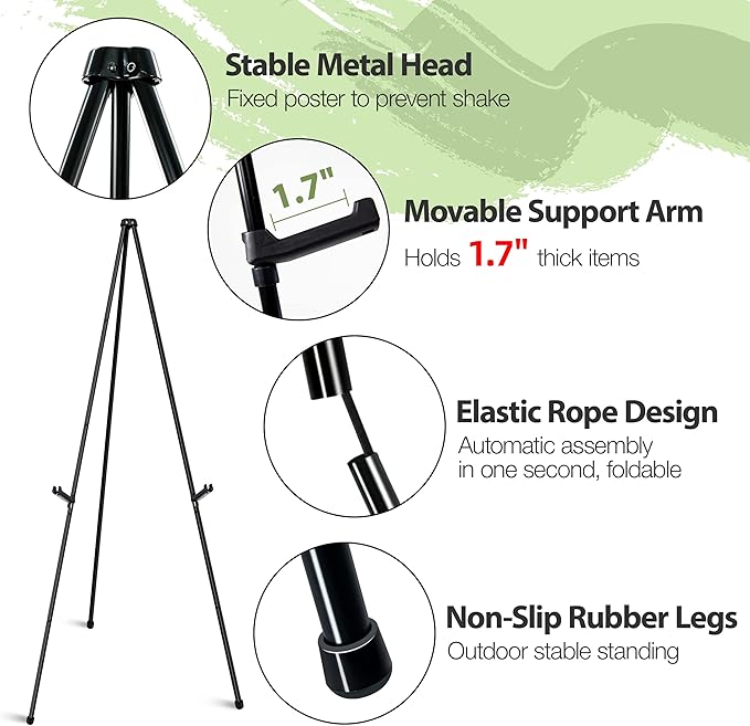 63" Easel Stand for Wedding Sign Poster Display Easel Floor Adjustable Metal Black Art Easel Instant Folding Tripod Easel for Painting Canvas Wedding Welcome Sign Stand, 1Pack