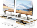 Fenge Dual Monitor Stand with Drawer, 42.5 Inch Large Monitor Riser with Acrylic Legs Supports, Computer Stand for Desk, 2 Tier Wood Desk Shelf with Storage Organizer for PC, Laptop, Printer, TV
